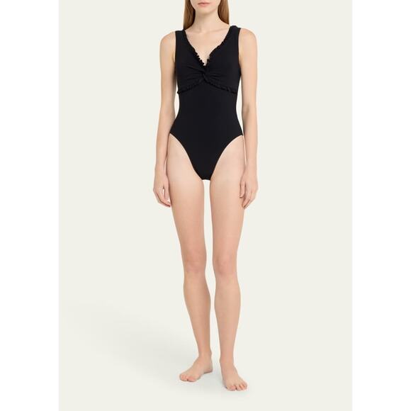 KARLA COLLETTO Black Ruffle Twist V-Neck Silent Underwire One-Piece Swimsuit 10 - Picture 1 of 8